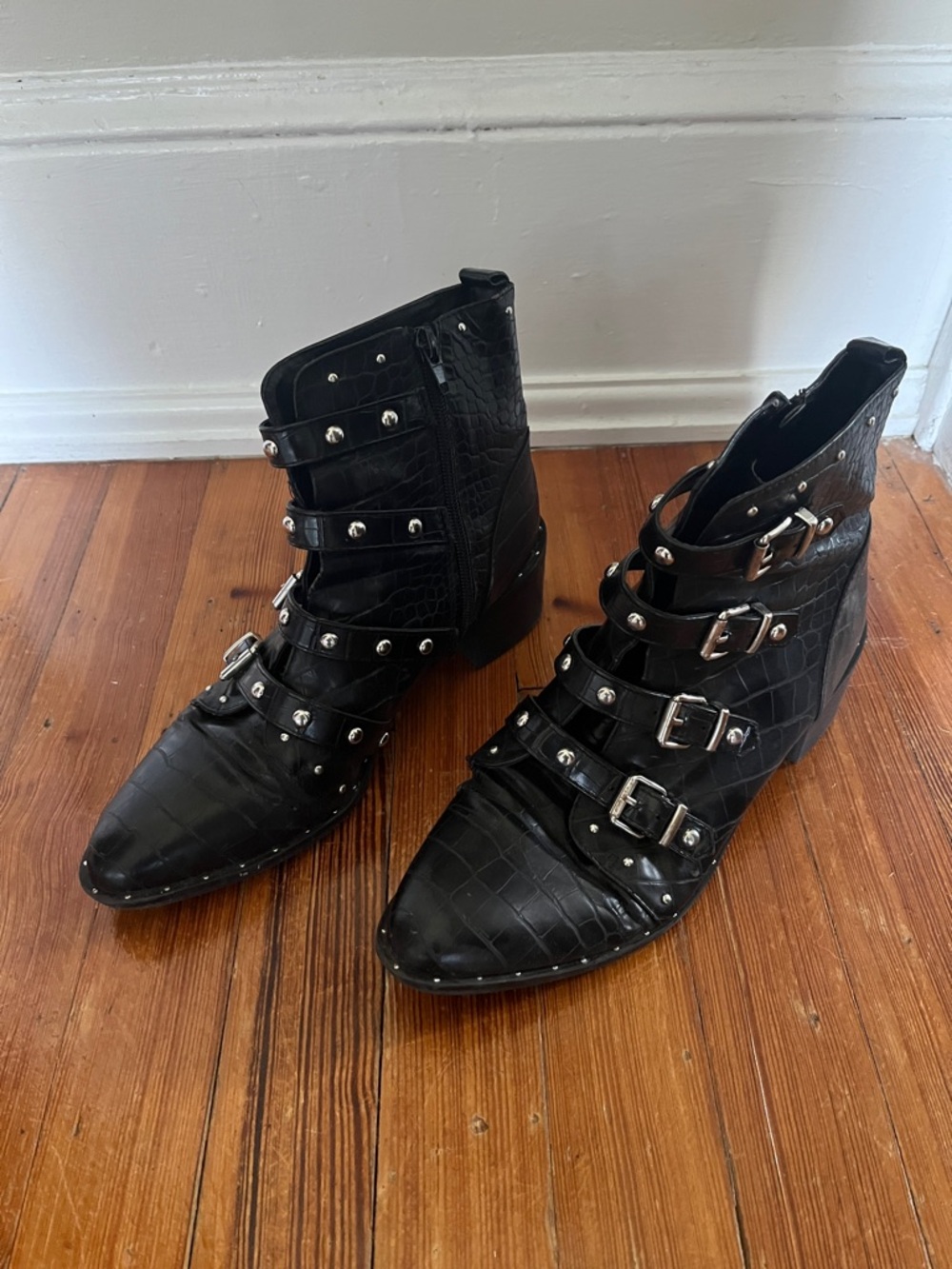 Fergalicious Faux Croc-Embossed Black Silver Buckle & Stud Ankle Boots